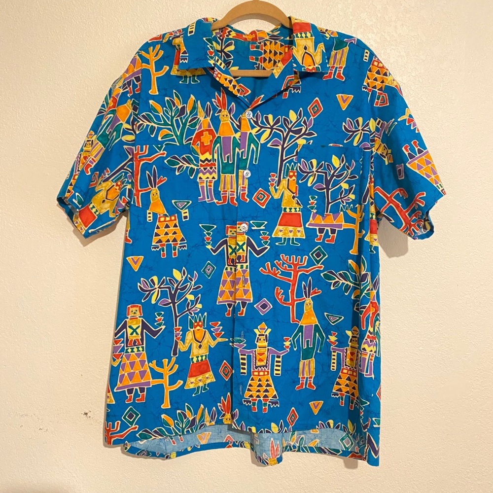 Handmade Hawaiian Tiki Aztec button up short L
